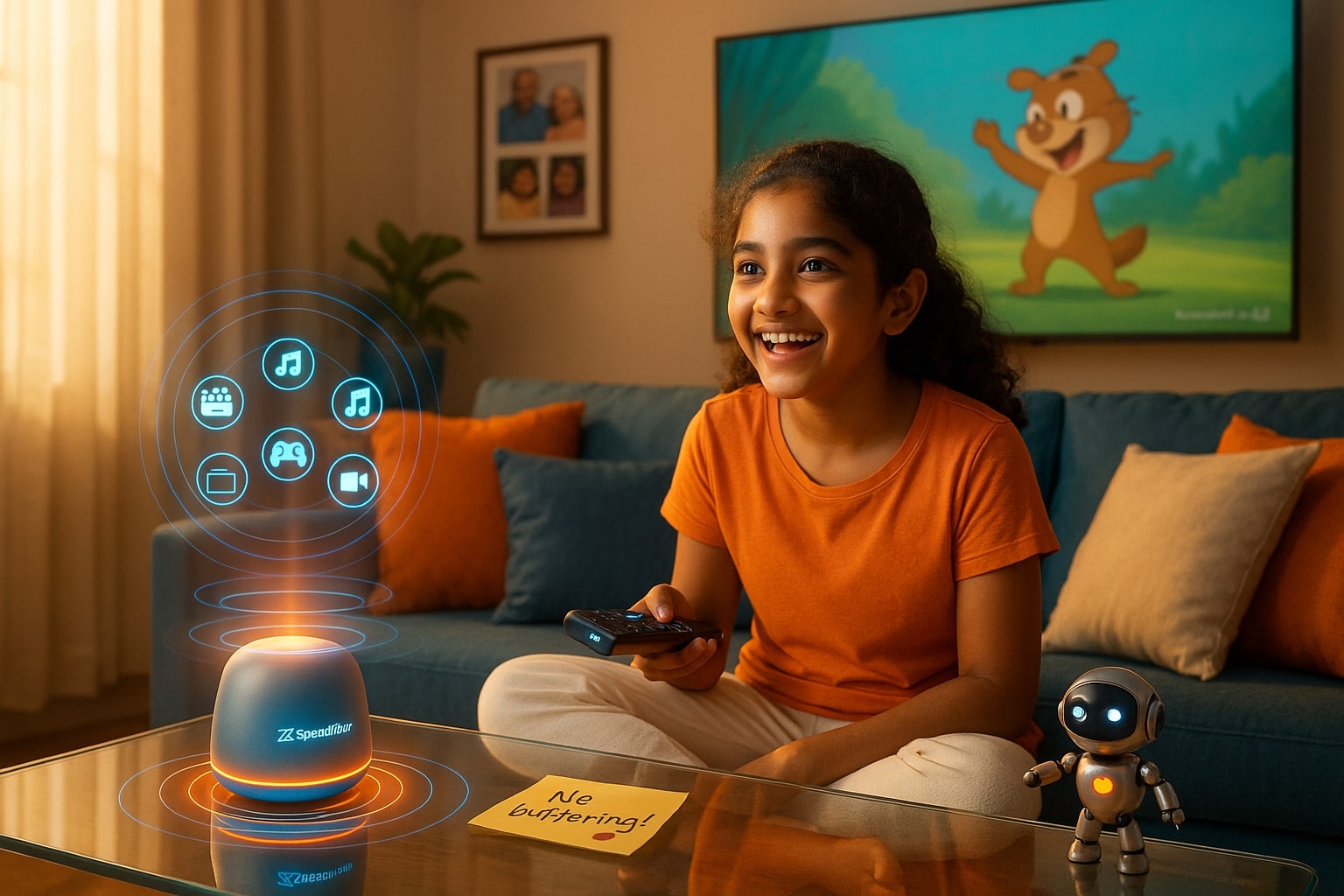 Fast Wi‑Fi router glowing in living room